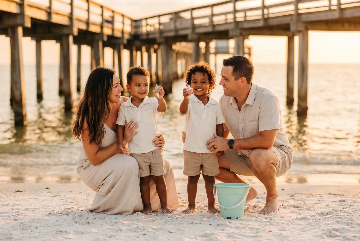 Family collecting seashells near Naples Pier in Naples, Florida