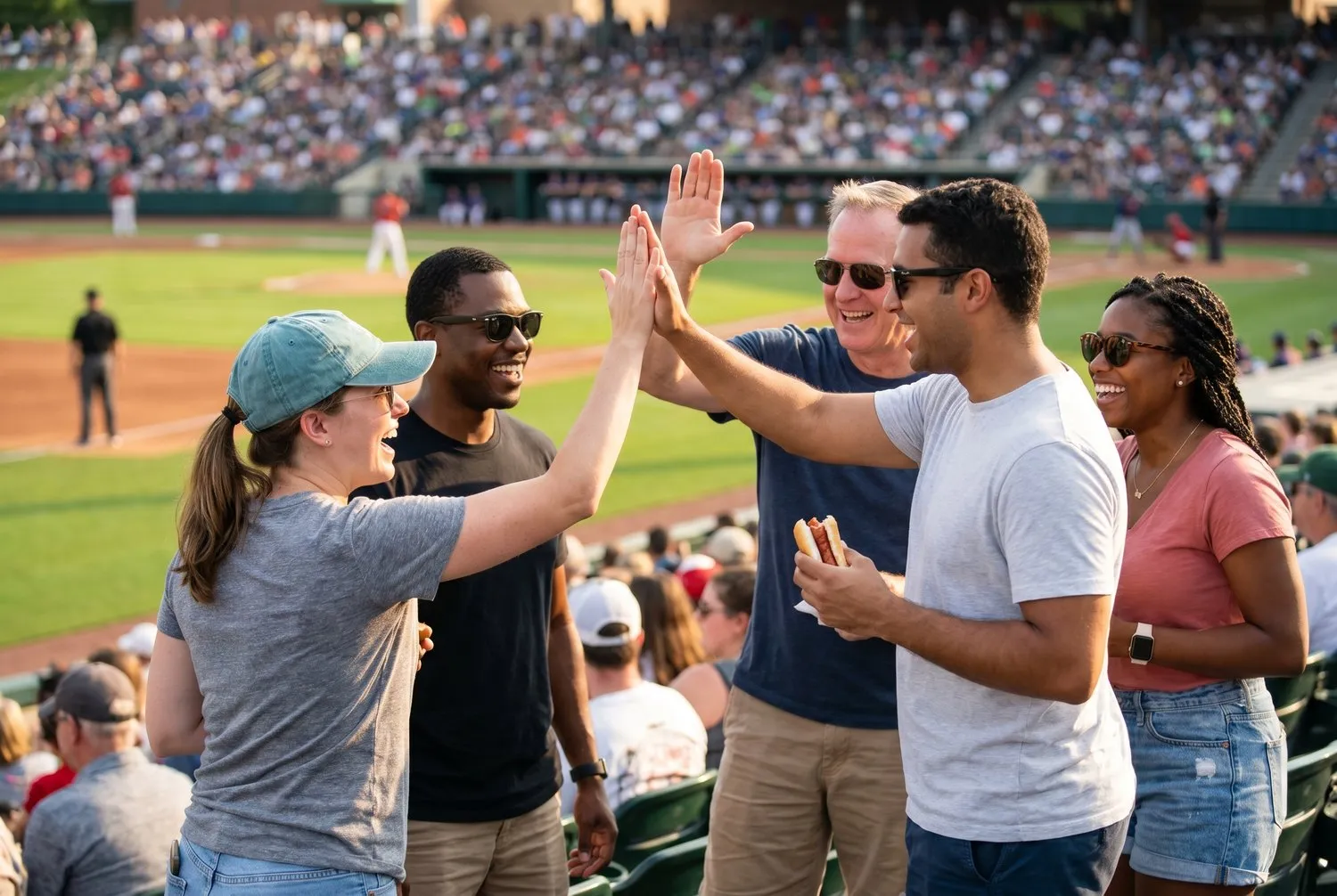 Fans cheering at a summer baseball game in Omaha, Nebraska
