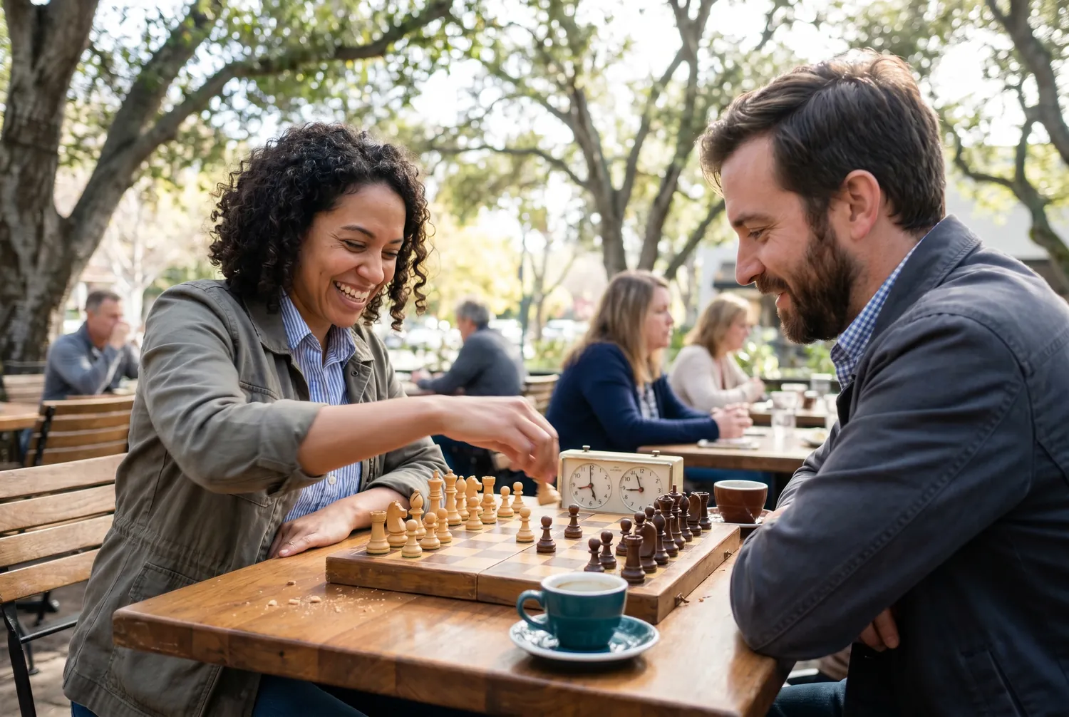 Speed chess at an outdoor cafe under oaks in Palo Alto Speed chess at an outdoor cafe under oaks in Palo Alto