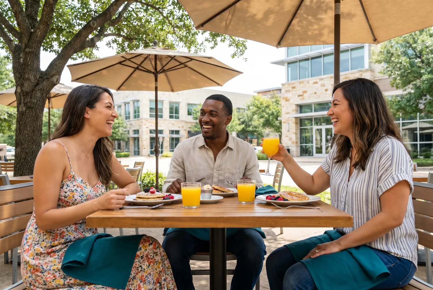 Friends at weekend brunch on a stylish Plano patio