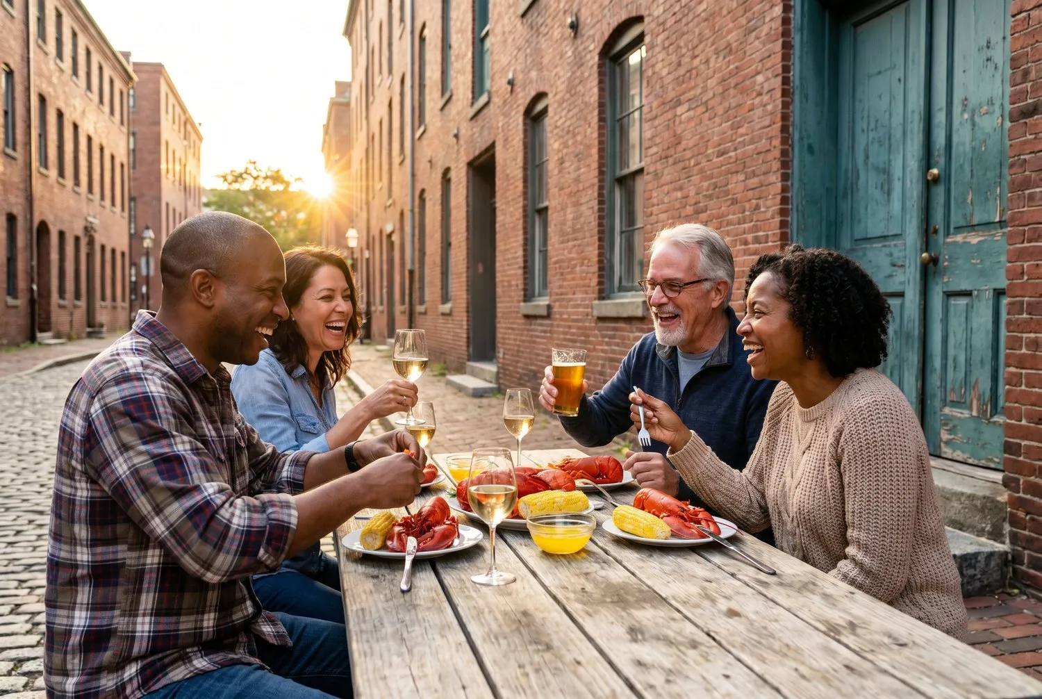 Friends sharing a lobster dinner in Portland Maine's Old Port district Friends sharing a lobster dinner in Portland Maine's Old Port district