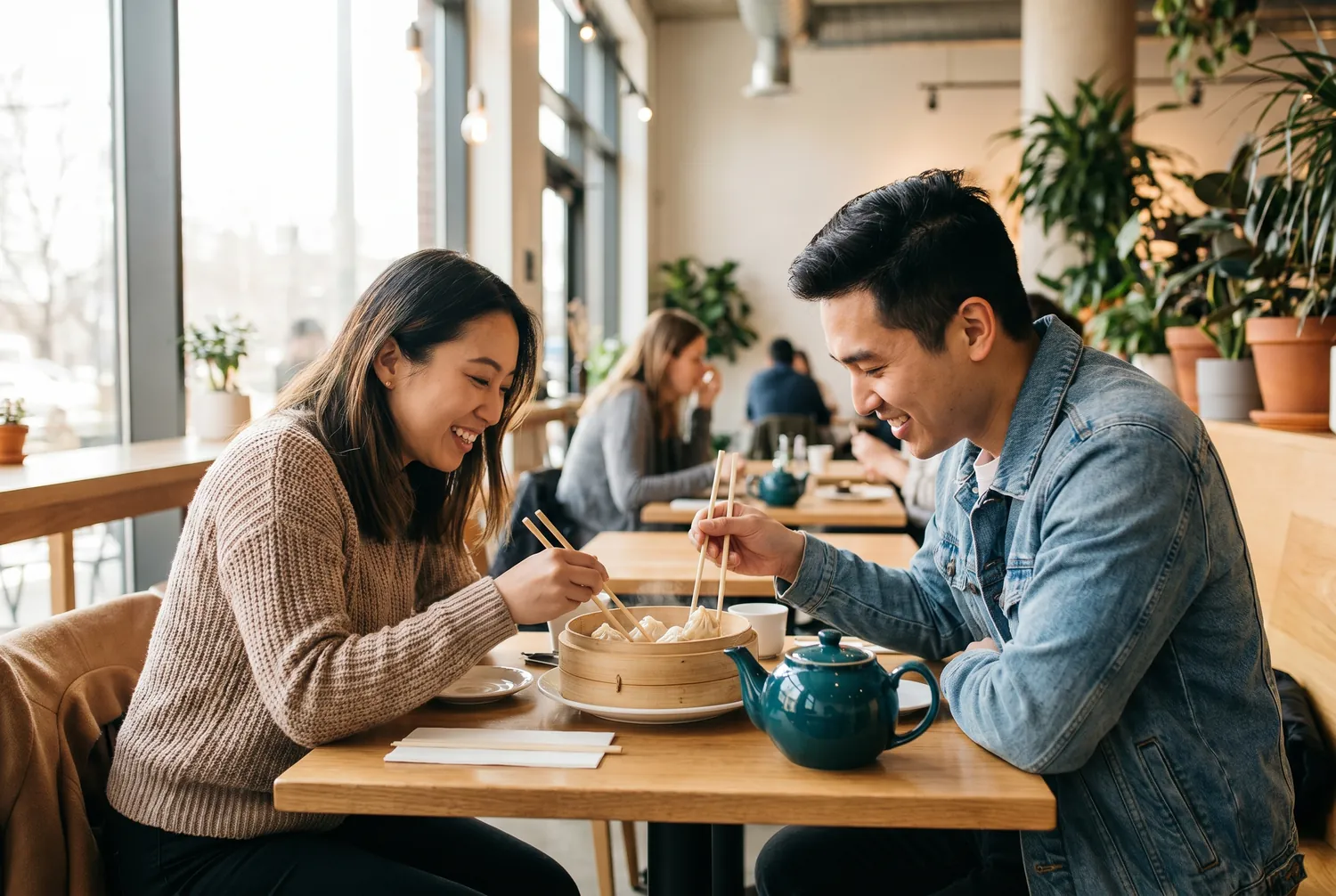 Two friends sharing dumplings at a bright Queens eatery