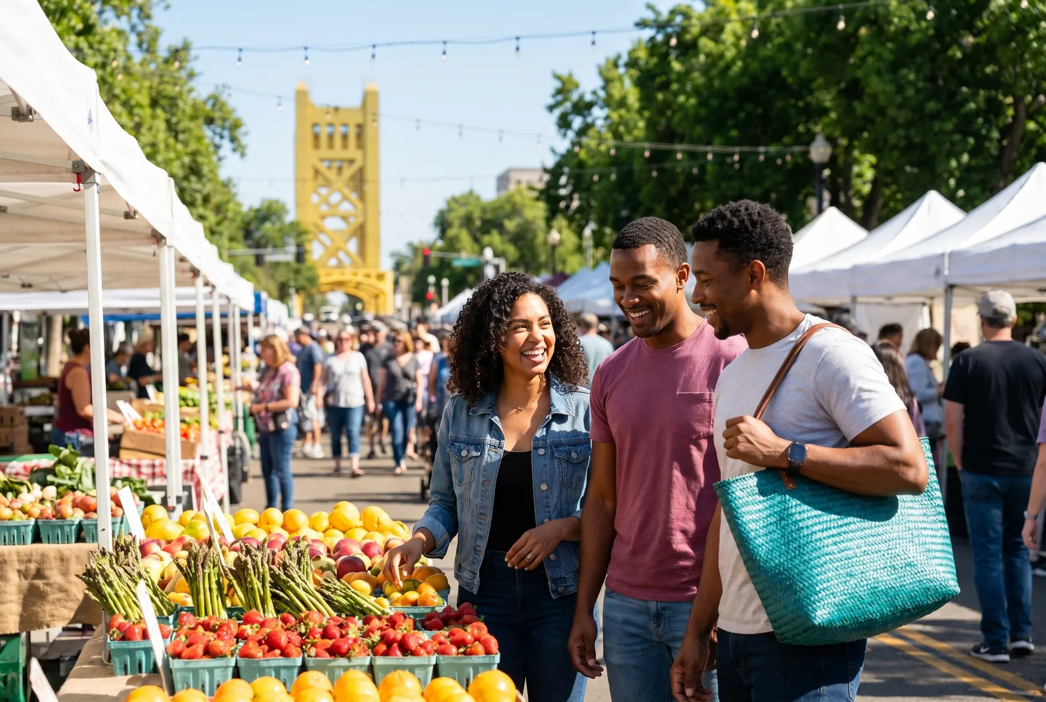 Browsing a Sacramento farmers market near the Tower Bridge Browsing a Sacramento farmers market near the Tower Bridge