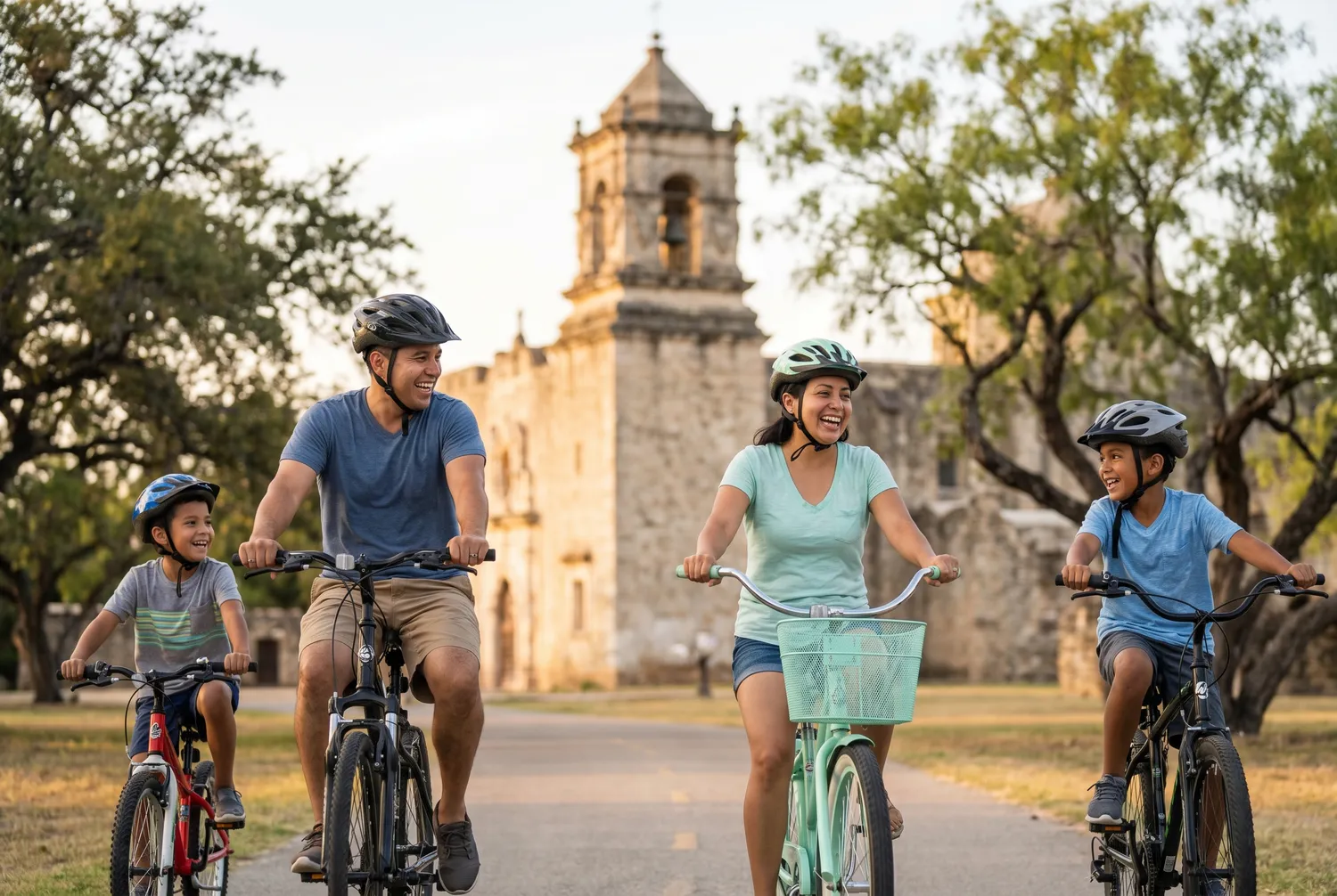 Family biking the Mission Reach trail past a Spanish mission in San Antonio Family biking the Mission Reach trail past a Spanish mission in San Antonio