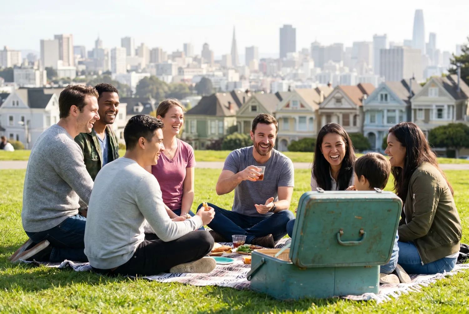 Picnic on the Dolores Park lawn overlooking San Francisco Picnic on the Dolores Park lawn overlooking San Francisco