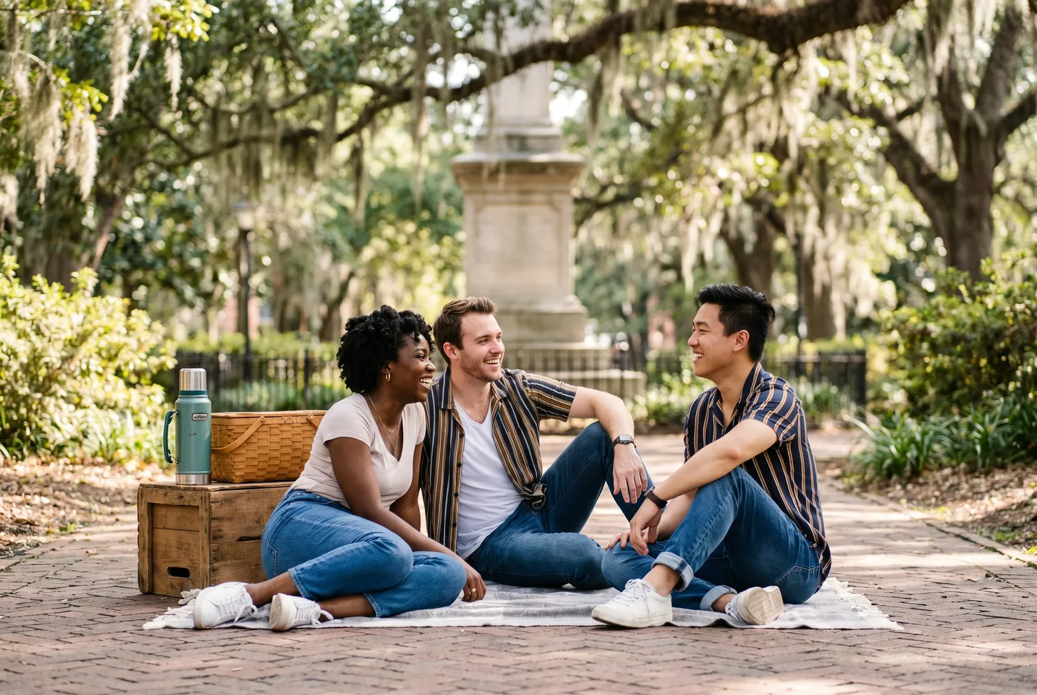 Picnic in a historic moss draped square in Savannah, Georgia Picnic in a historic moss draped square in Savannah, Georgia