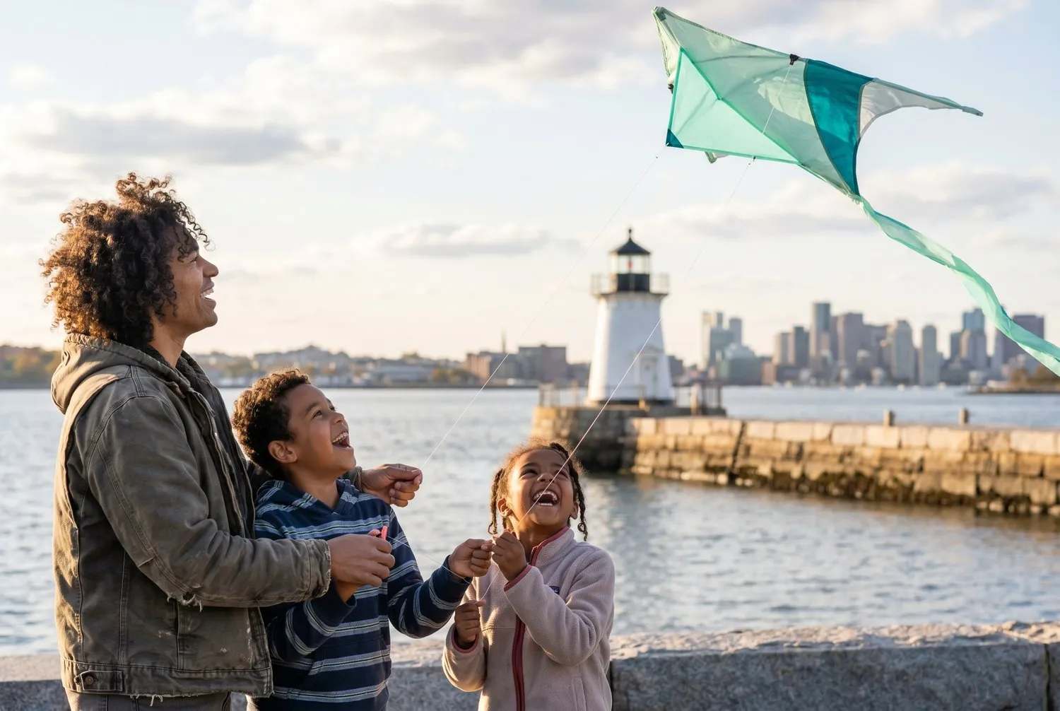 Family flying a kite at Bug Light Park with the Portland skyline in South Portland, Maine Family flying a kite at Bug Light Park with the Portland skyline in South Portland, Maine