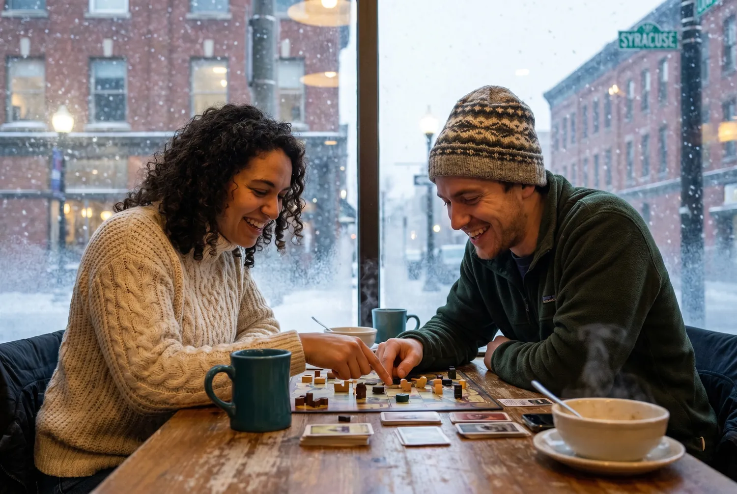 Board game over coffee while snow falls outside in Syracuse Board game over coffee while snow falls outside in Syracuse