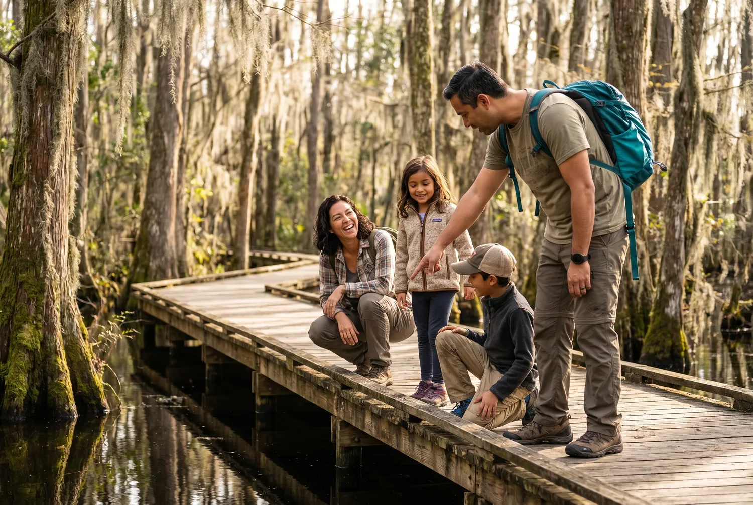 Family on the cypress lagoon boardwalk at First Landing State Park, Virginia Beach Family on the cypress lagoon boardwalk at First Landing State Park, Virginia Beach