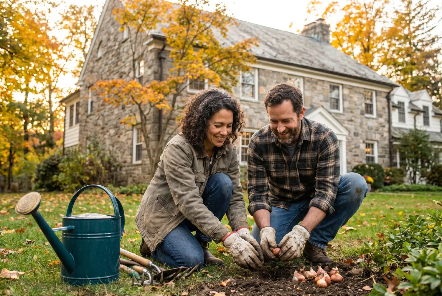 Couple gardening at a stone colonial home in Westchester Couple gardening at a stone colonial home in Westchester