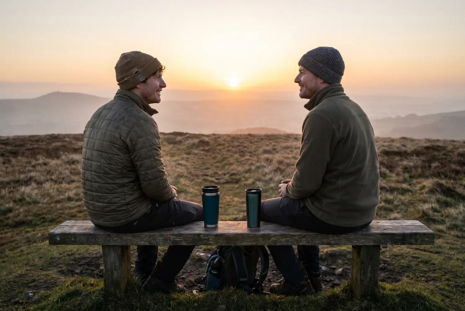 Two friends with coffee watching the first sun crest a hilltop Two friends with coffee watching the first sun crest a hilltop