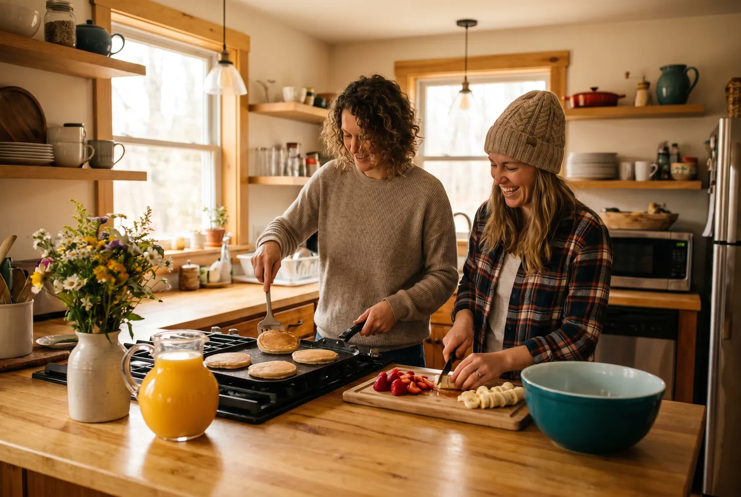A couple cooking a generous breakfast together in a cozy kitchen A couple cooking a generous breakfast together in a cozy kitchen
