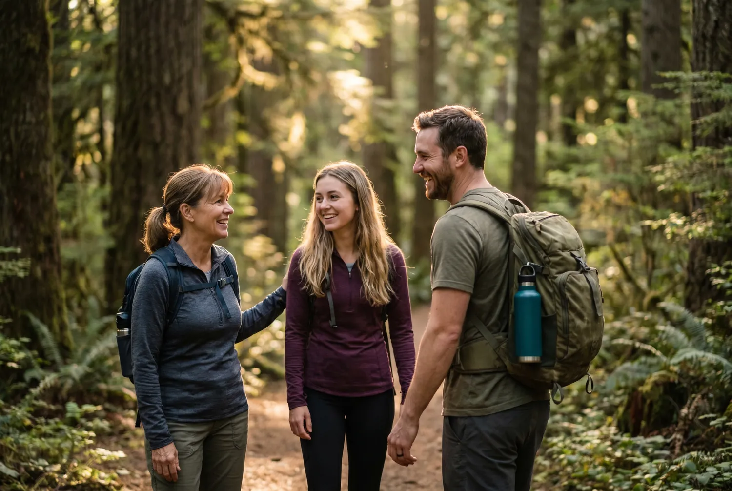 Three adults talking while hiking a wooded trail in warm evening light, one carrying a deep teal water bottle on a backpack Three adults talking while hiking a wooded trail in warm evening light, one carrying a deep teal water bottle on a backpack