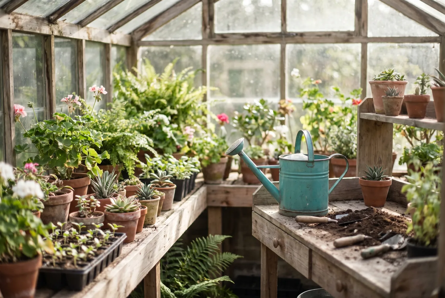 Sunlit greenhouse of varied plants with a teal watering can, a metaphor for treating many conditions Sunlit greenhouse of varied plants with a teal watering can, a metaphor for treating many conditions