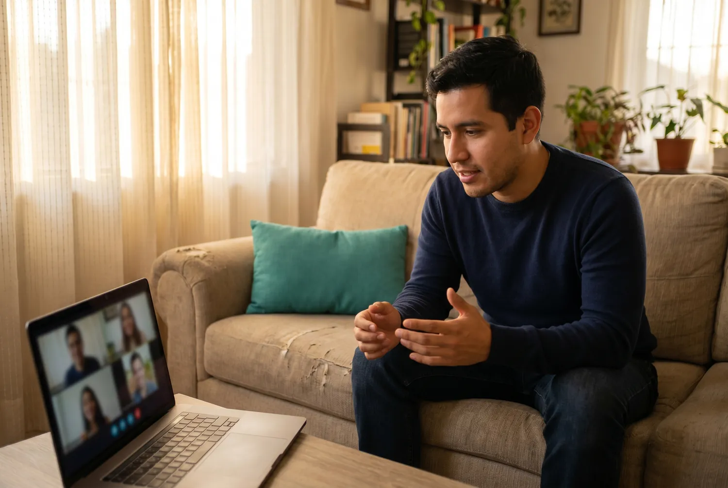 Man speaking during a telepsychiatry video appointment from his living room sofa Man speaking during a telepsychiatry video appointment from his living room sofa