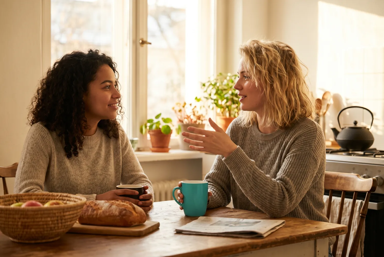 Two friends talking over coffee at a kitchen table, one holding a teal mug Two friends talking over coffee at a kitchen table, one holding a teal mug