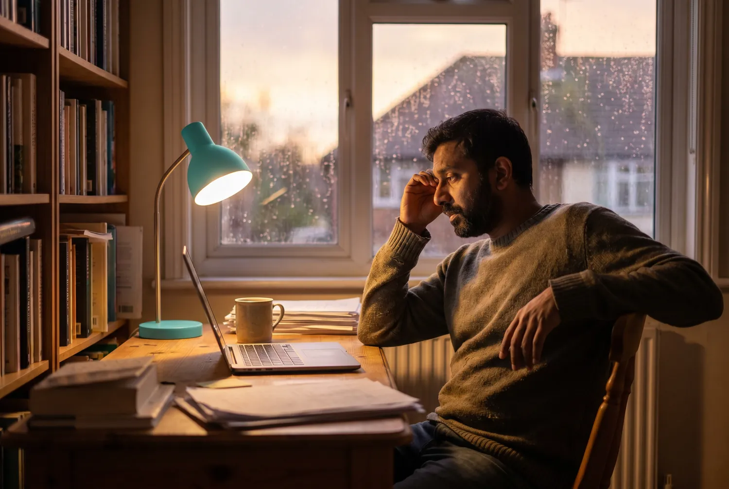 Man pausing at a home office desk at dusk beside a closed laptop and a glowing teal desk lamp Man pausing at a home office desk at dusk beside a closed laptop and a glowing teal desk lamp