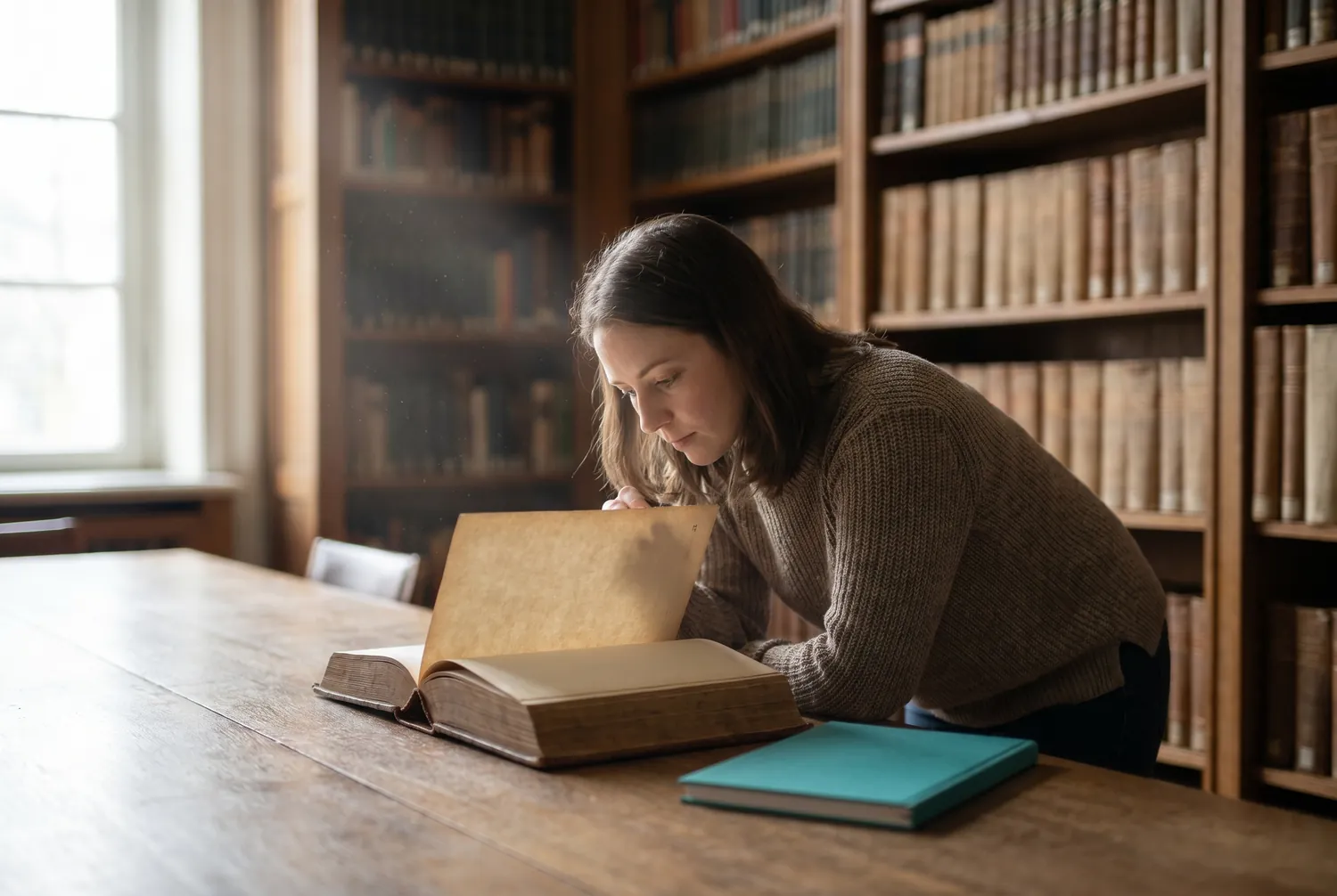 Woman researching word origins in a library with a teal notebook beside her Woman researching word origins in a library with a teal notebook beside her