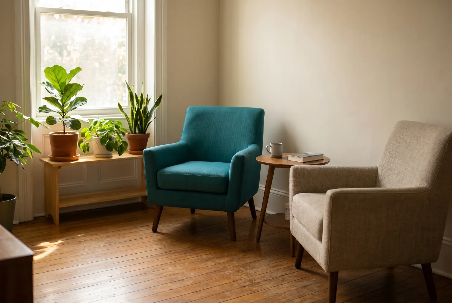 Quiet sunlit consulting room with two facing armchairs, one teal, suggesting unhurried psychiatric care Quiet sunlit consulting room with two facing armchairs, one teal, suggesting unhurried psychiatric care