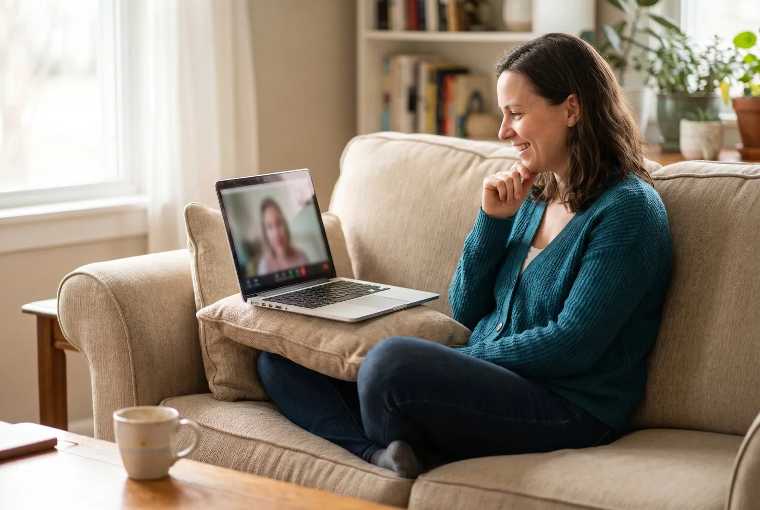 An unhurried telepsychiatry video visit from a comfortable couch