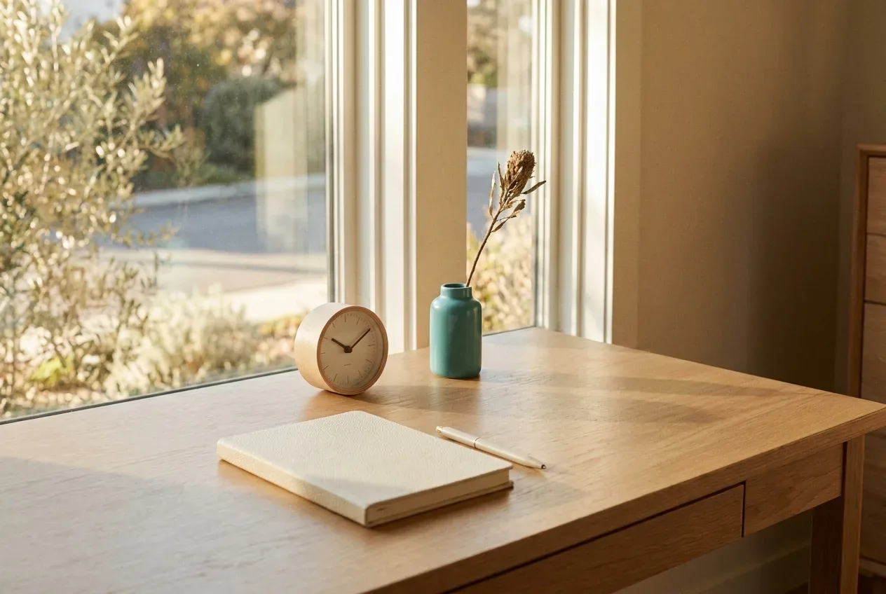 A tidy calm desk with a small clock and a notebook by a window, with a teal accent A tidy calm desk with a small clock and a notebook by a window, with a teal accent